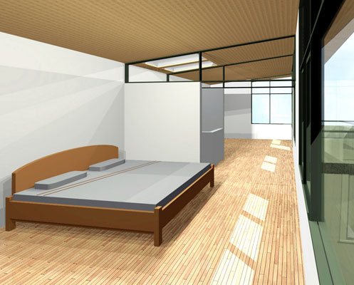 Interior view of new bedrooms, with open floor plan and skylights.