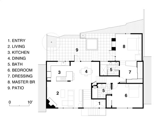 Floor plan, showing the connection of interior and exterior as well as the open floor plan of the main living spaces.